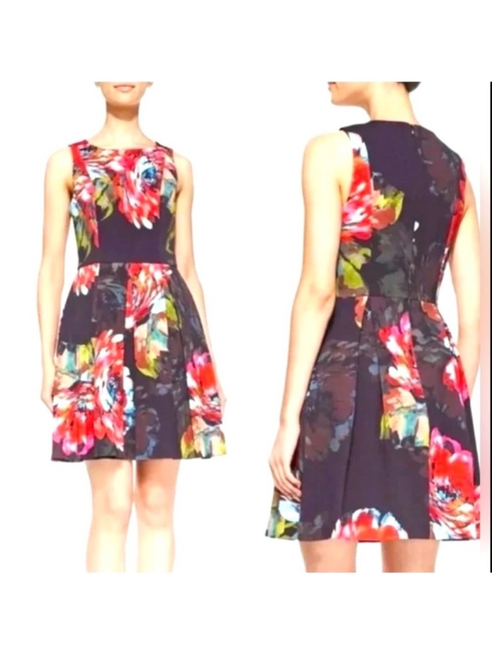 Trina Turk Black Floral Fit-and-Flare Dress with Red and Pink Blooms EUC size 6